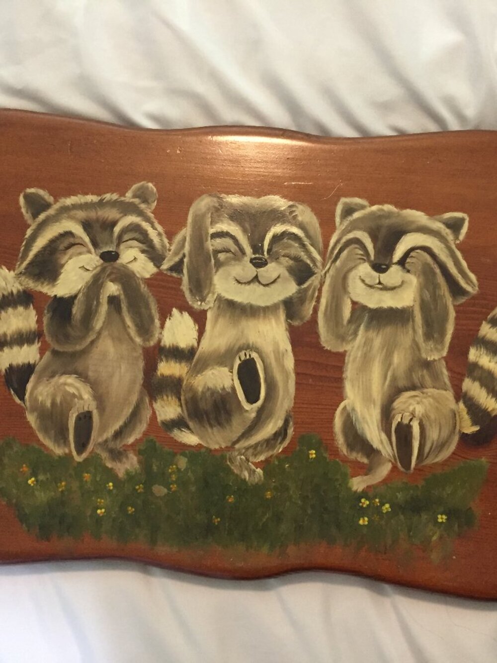 Vintage Tole Painted Artist Signed Raccoon See No Evil Wood Wall Hanging 10" x 1